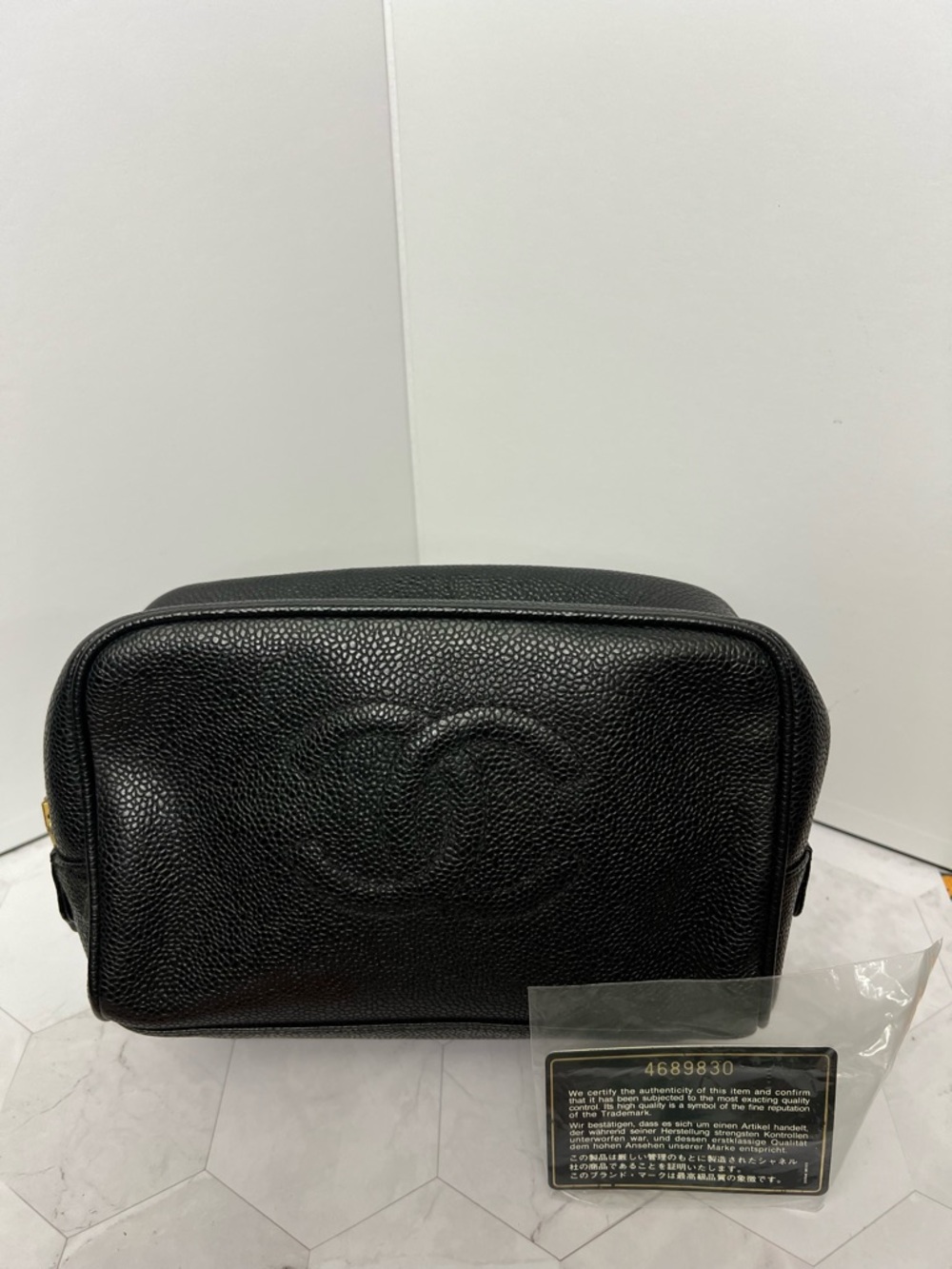 CHANEL Black Caviar Leather Cosmetic Case with Embossed CC